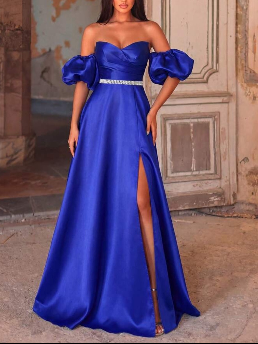 Off-Shoulder Royal Blue Evening Gown with Puff Sleeves